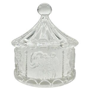 Carousel-Shaped Clear Glass Candy Dish With Lid Featuring Carousel Animals